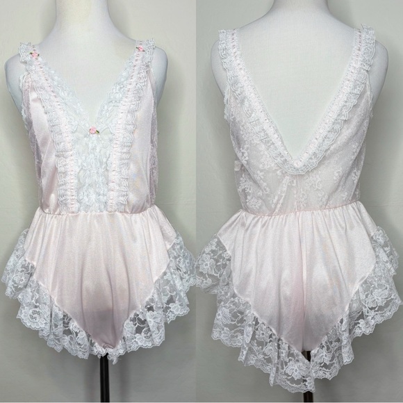 Vintage Tosca of California Pink Satin Lace Teddy Bodysuit Small Snap Bottom - Picture 1 of 10